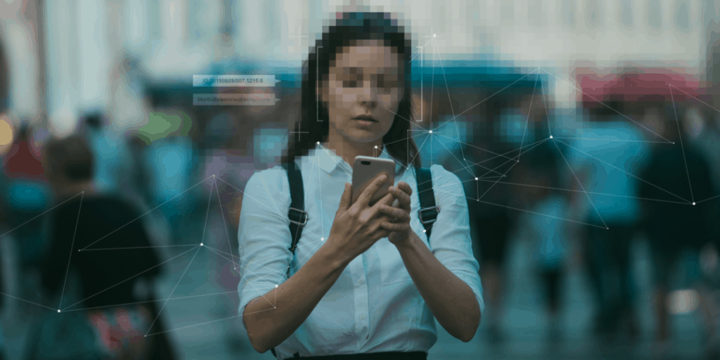 Woman looking at phone with node graphics