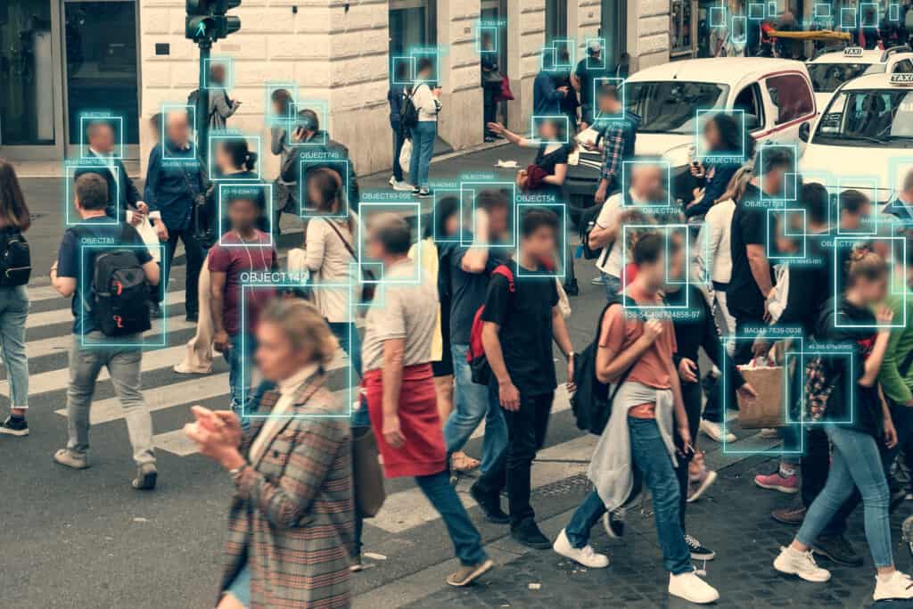 Group on street with digital identification graphics